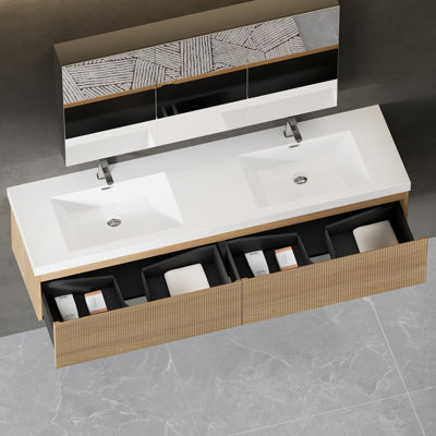 72 in. Modern Wall-Mounted Floating Double-Sink Bathroom Vanity in Natural Oak with Glossy White Stone Resin Top
