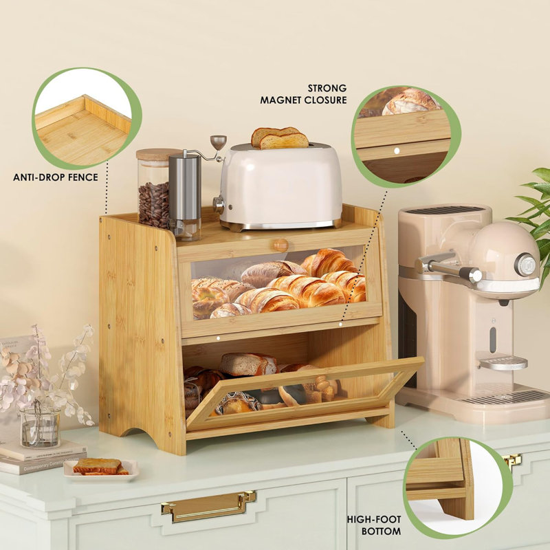 Double Layer Bread Box For Kitchen Countertop, Large Breadbox Bread Container Storage With Windows(Natural Bamboo)