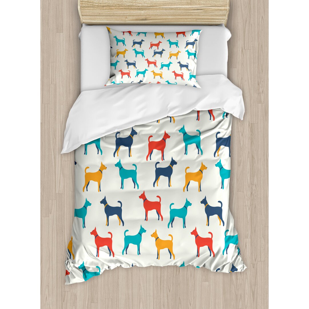 Bettbezug Set, Retro Dog, Bunt, Grau Teal Rot