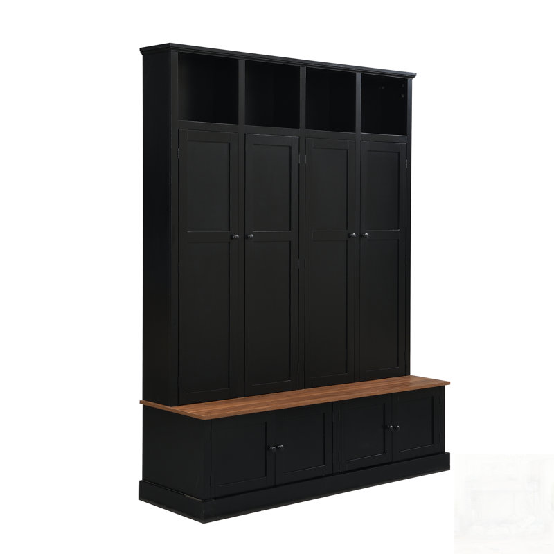 Farmhouse Hall Tree With Bench And Cabinet, 4-In-1 Entryway Organizer, Modern Storage Solution With Open Cubbies & Hooks