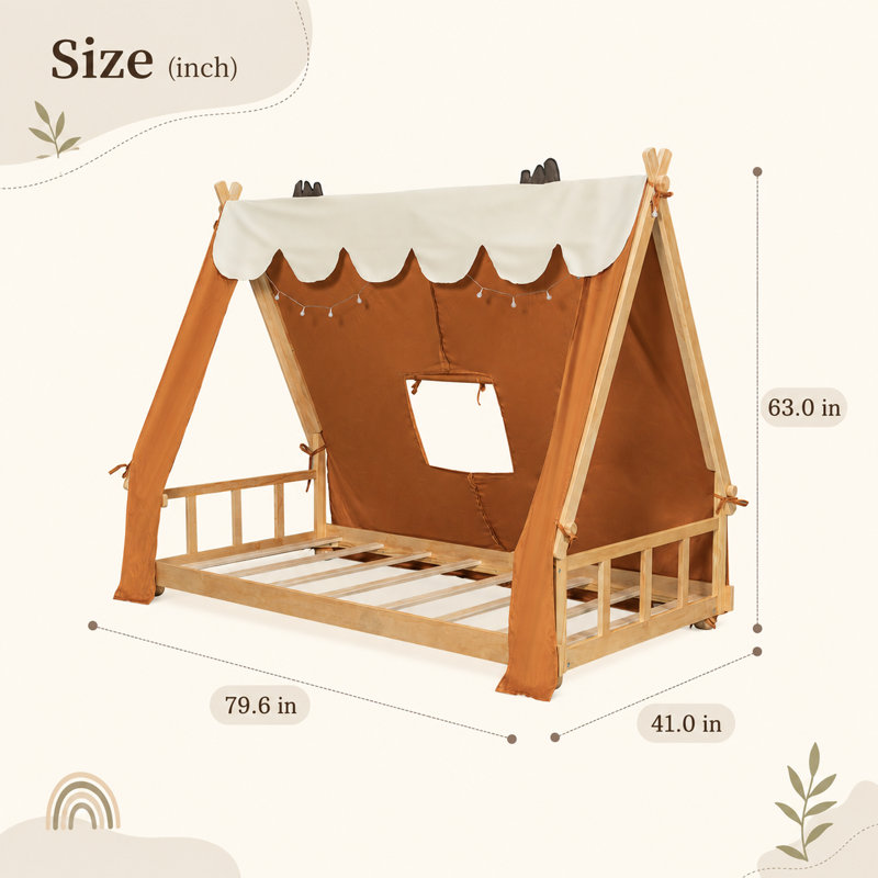 Lit double pour tente d'enfant brun clair avec lanterneaux détachables et décorations de bois de cerf