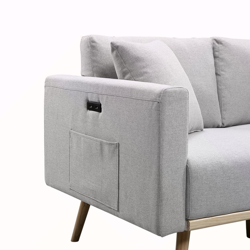 Canapé en tissu de lin gris clair 75 po avec ports de chargement USB, Gris clair