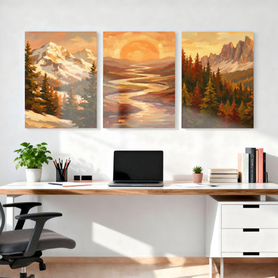 Paysage de montagne coucher de soleil sur toile tendue, reproduction d'art sur toile, ensemble de 3