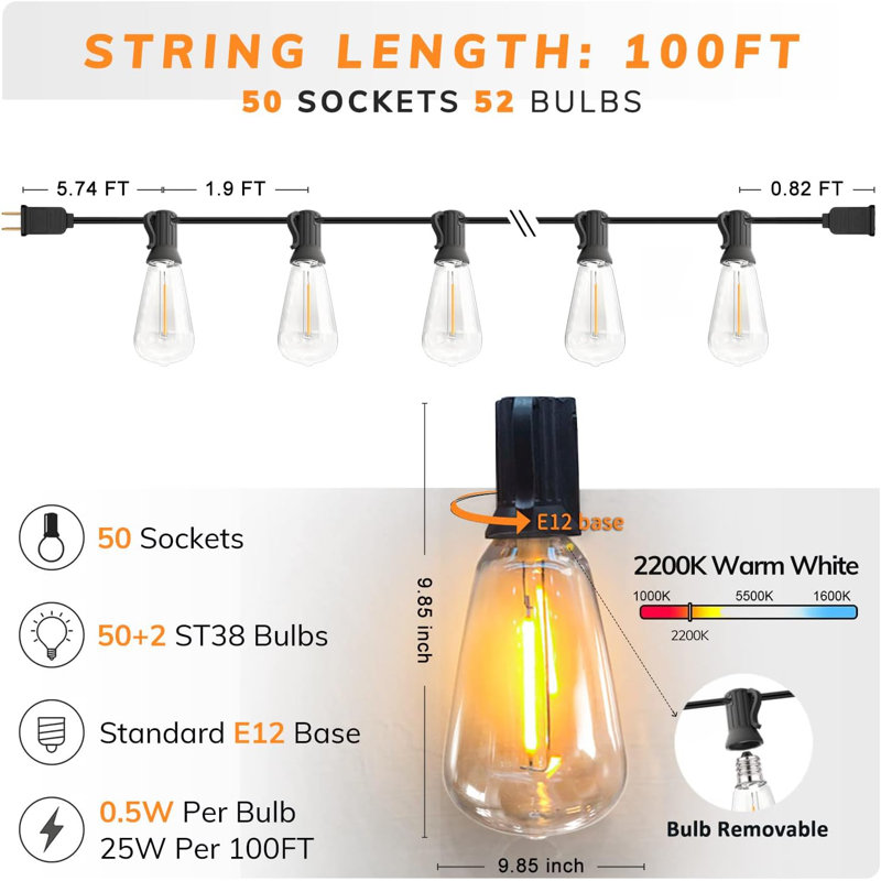 100FT Outdoor String Lights LED Dimmable Patio Lights String Waterproof with 50+2 Shatterproof Bulbs, Black