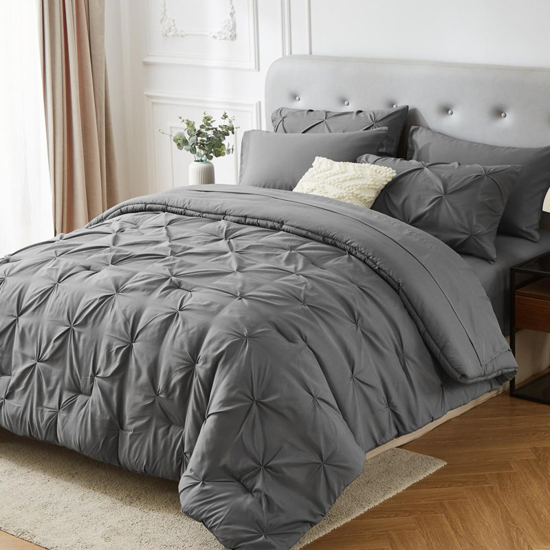 7pieces(full/queen/king)lightweight Solid Pinch Pleat Comforter Set For All Seasons, Twin(5 Pieces), Soft & Comfortable Bed In A Bag Set For Student/friends/family, A Cloud-like Sleeping Space , Spring/summer/autumn/winter, Great Gift/home Decor