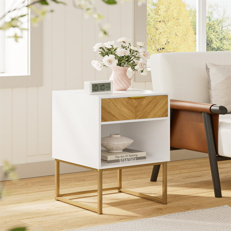 Table With Storage Drawer And Open Shelf,Side End Table For Bedroom,Living Room,Office White