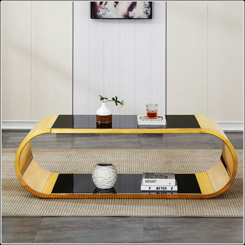 Table basse moderne à 2 niveaux avec plateau en verre et acier inoxydable doré, grand espace et design élégant pour le salon