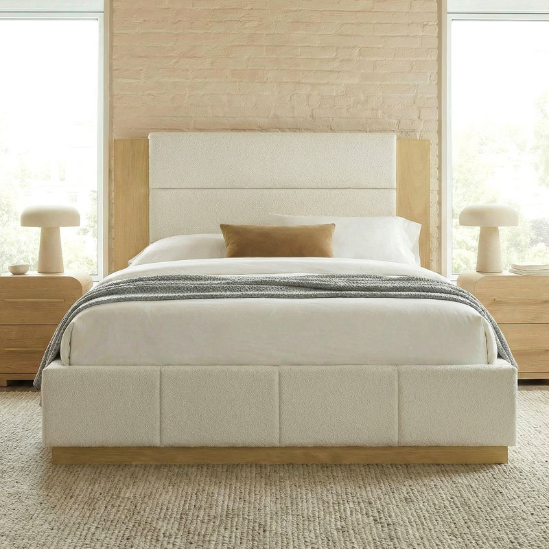 Structure de lit plateforme tapissier avec tête de lit en bois allongée, lit moderne avec base en bois, Très grand lit, Blanc