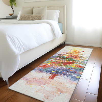 Machine Washable Indoor/Outdoor Christmas Tree Xhevrie Ivory Rug