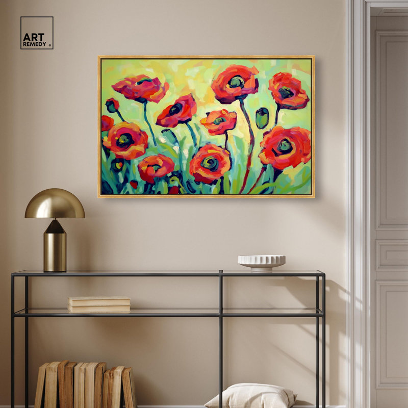 Décoration murale nature rouge coquelicot I , H 25 po x l 37 po, Cadre flottant doré