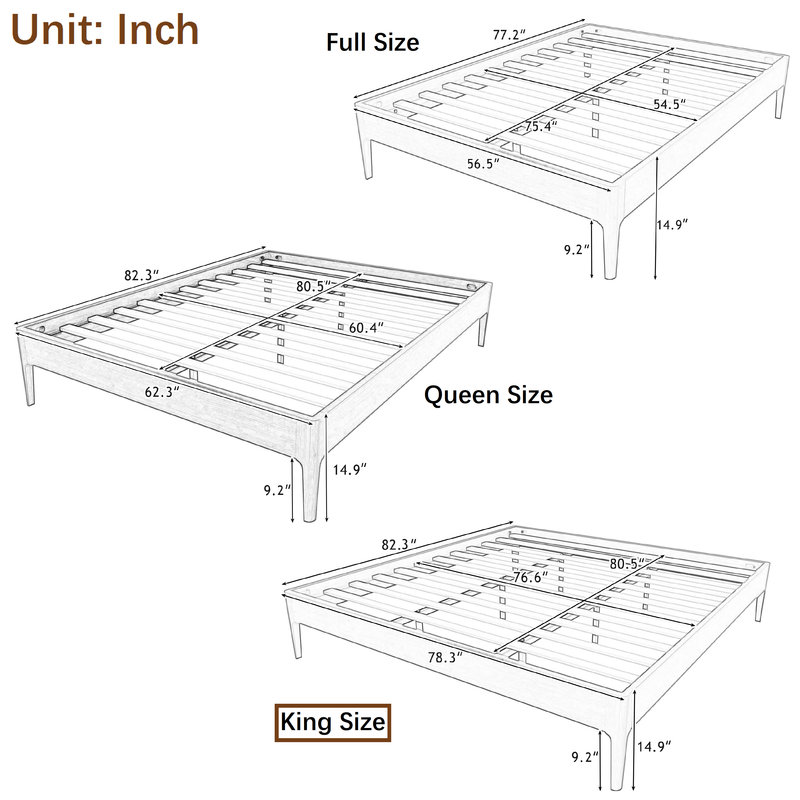 Retro Style Bed Frame, Platform Bed with Central Support Legs, Brown, King