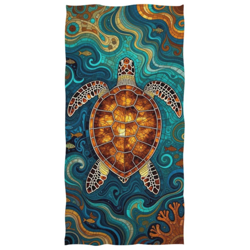 Serviette de plage rétro tortue de mer, motif vitrail, grande taille, séchage rapide, absorbante, 127 x 152 cm. Un sac en toile assorti vous sera offert.