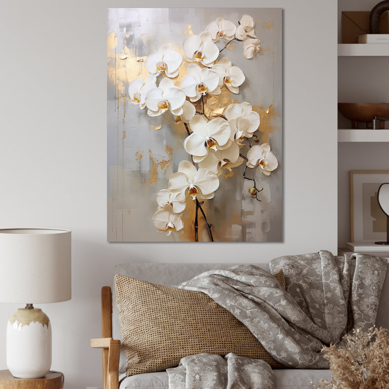Minimalisme beige et orchidées dorées IV - impression sur toile encadrée orchidée, H 40 po x l 30 po x P 1,5 po, Toile tendue
