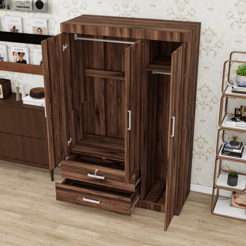 Armoire en bois avec 2 tiroirs, tringles de suspension et 3 portes