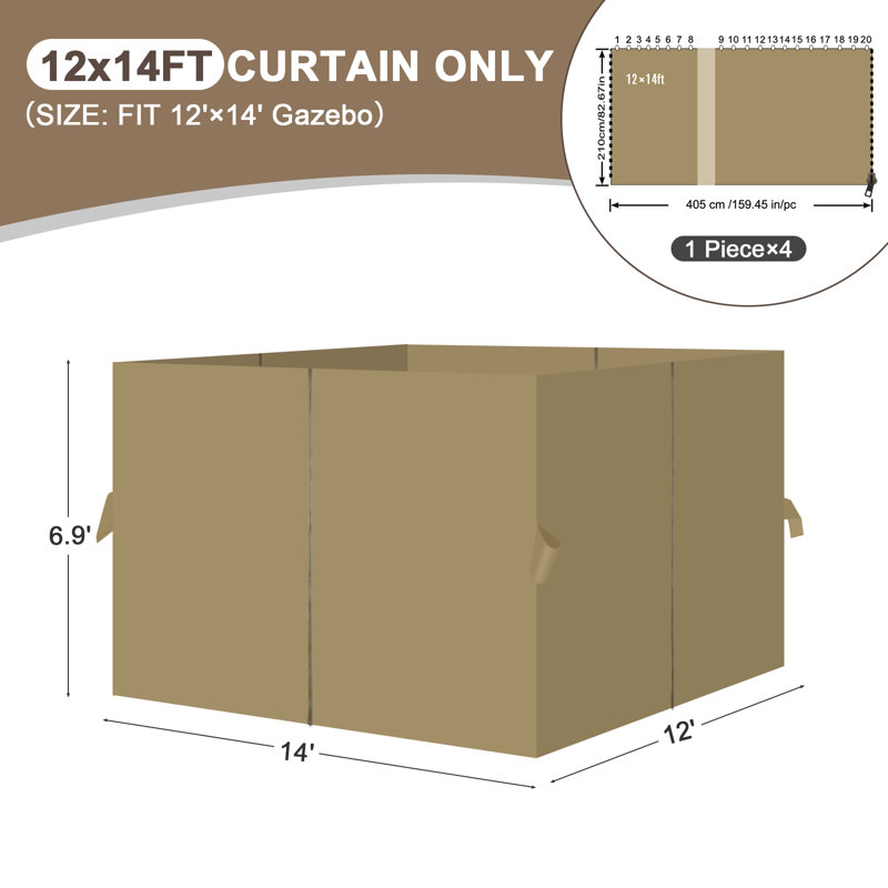 Aoodor Replacement 4-Panel Gazebo Sidewall Curtains, Khaki, 82.7" H x 144" W x 168" D