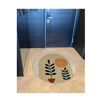 Beige Themed Abstract Geometric And Plant Patterned Round Woven Base Modern Decorative Carpet