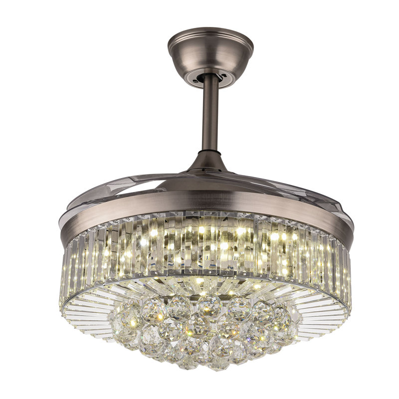 42Inch Modern Crystal Ceiling Fan LED Light With Remote Control, Silver