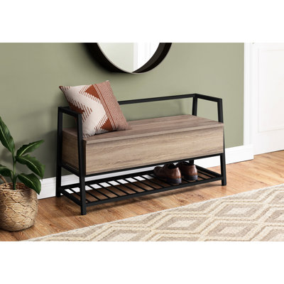 Banc de couloir moderne avec compartiment de rangement, 42 po rectangulaire, taupe, banc en métal noir, X 16 po, finition taupe, cadre