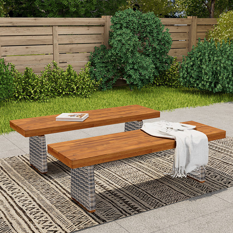 Ensemble de 2 bancs d'extérieur avec pieds en rotin tissés à la main, Gris