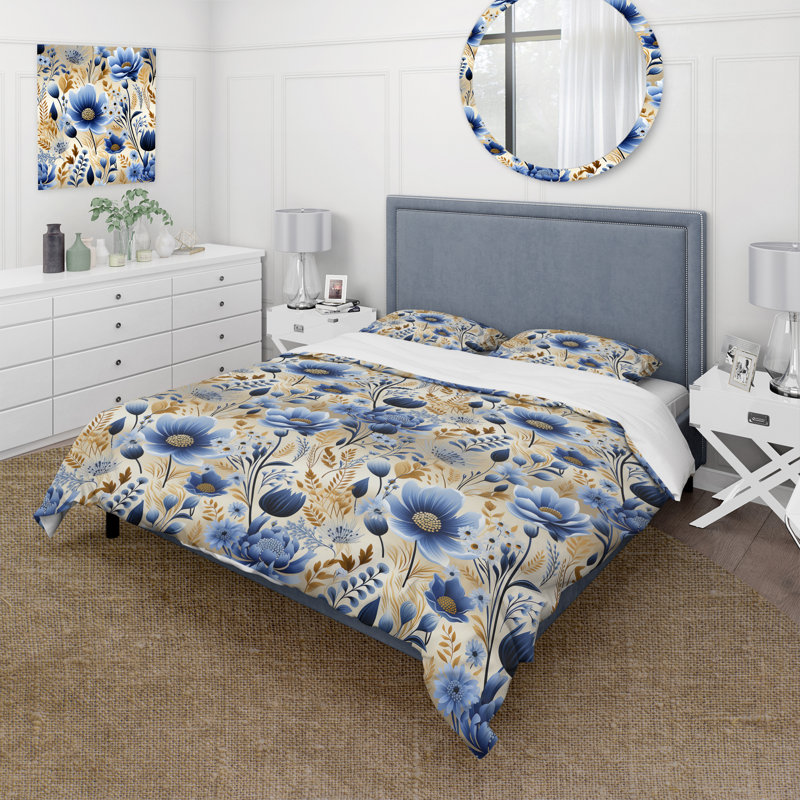 Blue Meadow Flowers Pattern Box Stitch Floral Duvet Cover, Twin Duvet Cover + 1 Standard Sham