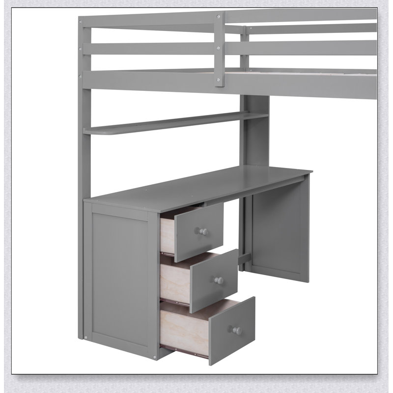 Lit mezzanine avec tiroirs, bureau et garde-robe, Gris