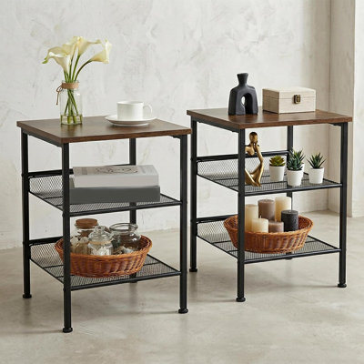Ensemble de 2 tables de bout industrielles carrées à 3 niveaux - Structure en métal robuste - Tablettes en filet - Table de chevet ou table d'appoint rustique - Polyvalent pour le salon ou la chambre à coucher - Vintage
