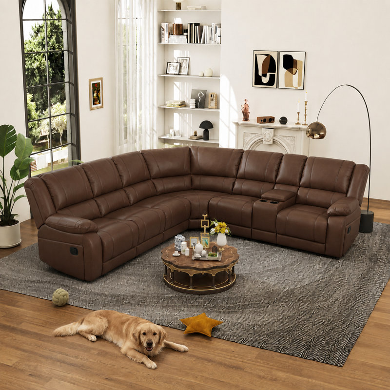 Lasceau 119" × 109" Faux Leather Manual Reclining Corner Sectional Couch With Storage and Cup Holder