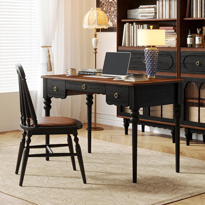 47.24"Brown Retro Rectangle Solid Wood Writing Desk,3-drawer