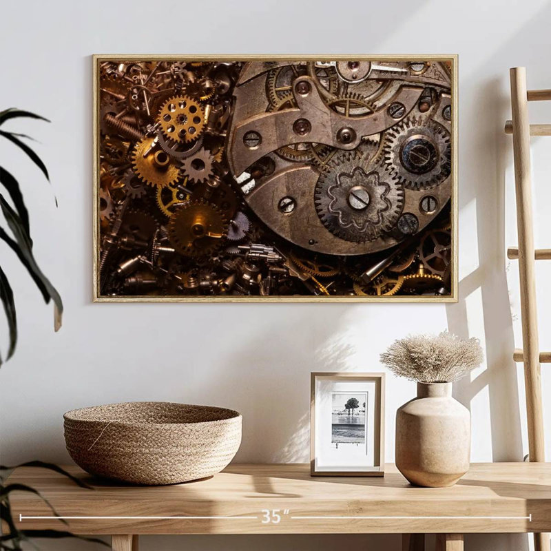 Old Gears, 25" X 17", Floating Frame Natural Wood