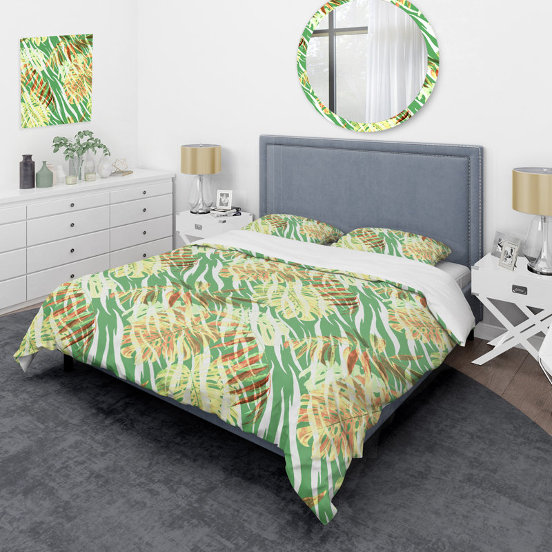Ensemble de housse de couette en microfibre vert / jaune 3 pièces, Housse de couette pour très grand lit et 2 très