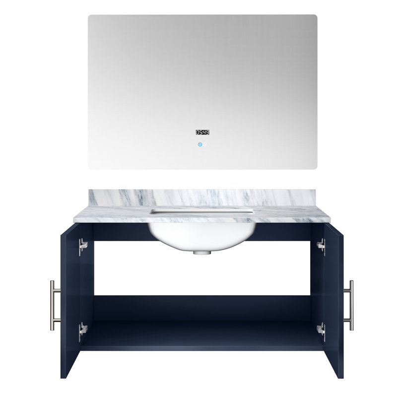 Meuble-lavabo bleu marine avec comptoir en marbre Miroir à DEL - Teinture grattée, rangement spacieux pour garde-robe, ensemble de porte
