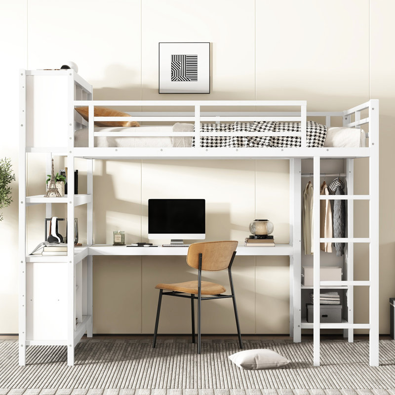 Lit mezzanine en métal avec bureau et garde-robe, grand, blanc, construction, peu encombrant, métal facile à assembler, stable et pratique à assembler
