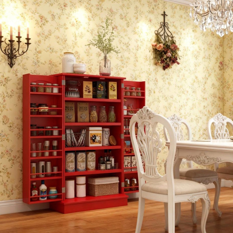 Armoire de cuisine rouge, étagère à 5 niveaux, 12 portes épices, portes magnétiques, tablettes réglables, design, Rouge