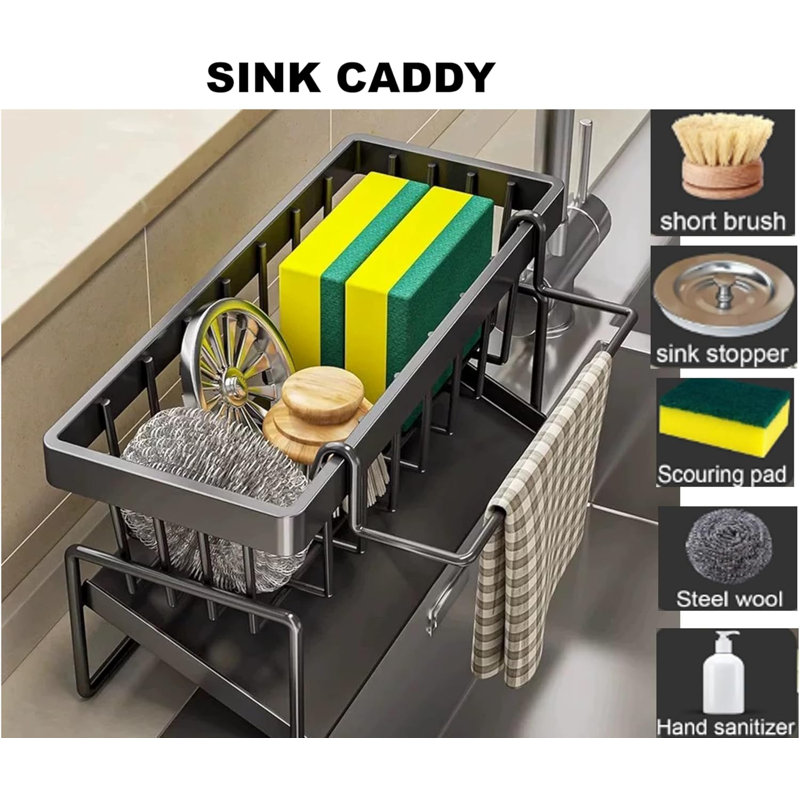 Serviteur d'évier de cuisine en acier inoxydable avec plateau de drain - Porte-éponge antirouille et organisateur de savon à vaisselle pour comptoir
