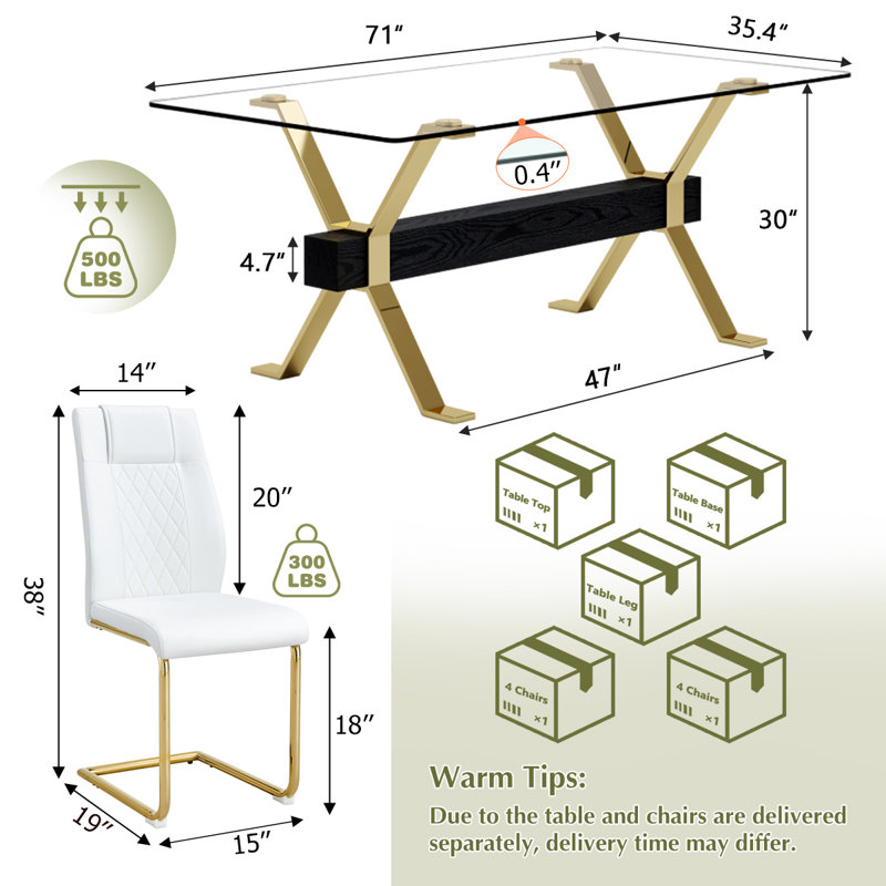 7-Piece Glass Top Dining Table Sets, Gold, White/Gold