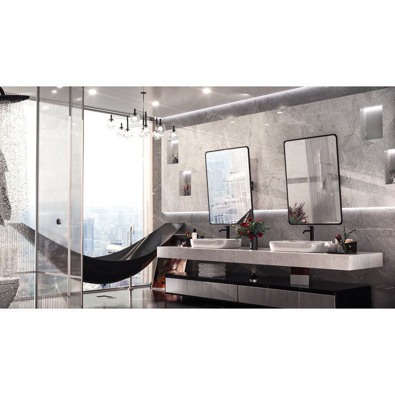 Myleesha Bathroom Mirror with Framed Rounded Corner Pivot, Adjustable Rotating Wall Mounted Vanity Mirror, Black, 36" x 24"