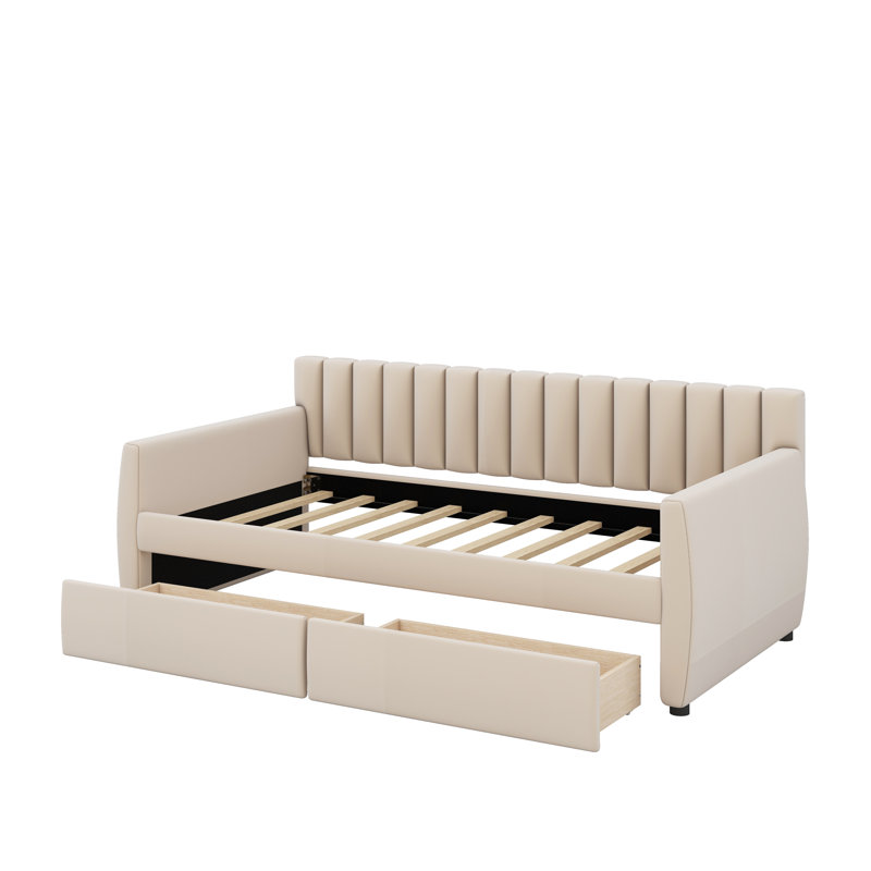 Lit de jour simple tapissier avec tiroirs, Beige, Lit simple