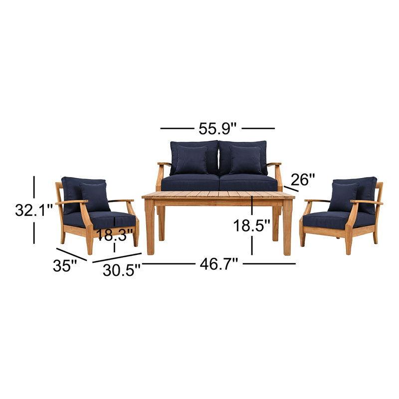 Clairmont 4 Piece Teak Outdoor Conversation Set, Navy