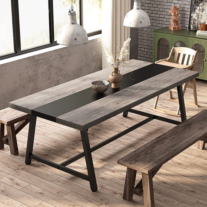 Baeumel 70.87'' Rectangle Dining Table for 6-8, Wood Kitchen Table with Strong Metal Frame, Gray/Black
