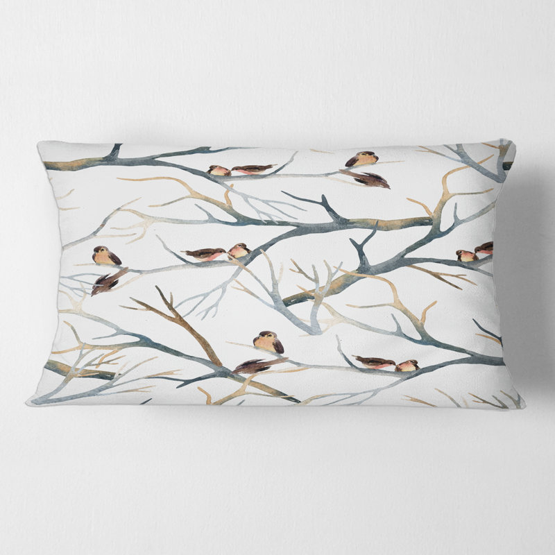 Petits oiseaux sur les branches d'arbre I - Coussin décoratif à imprimé animal
