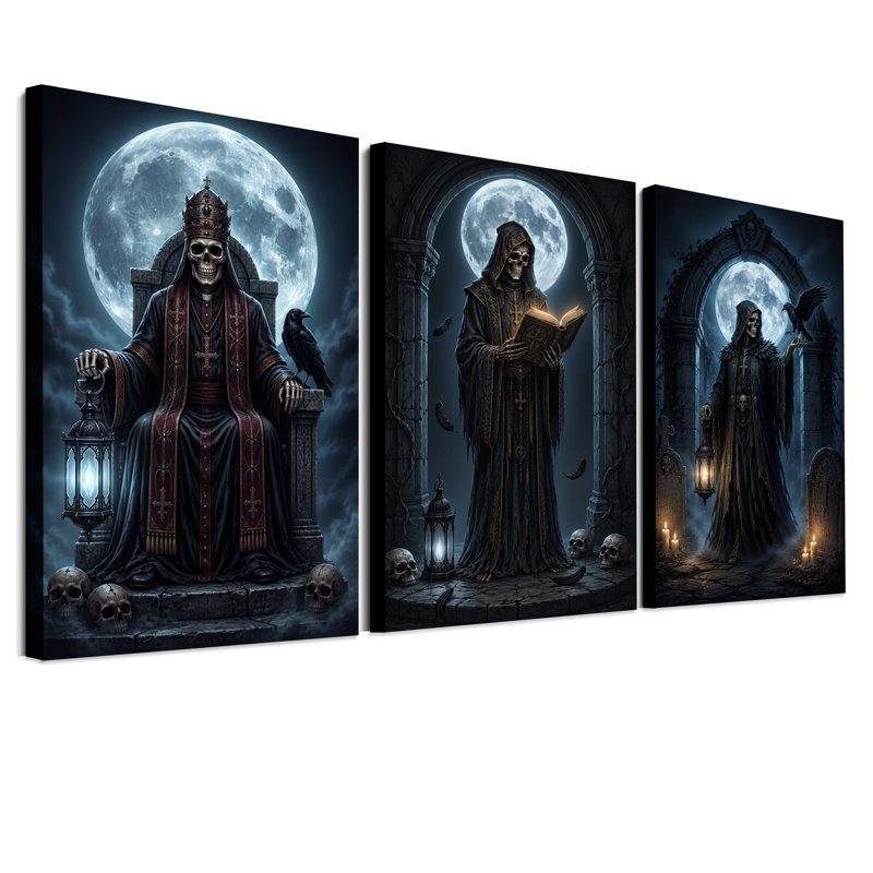 Ensemble de 3 toiles squelettiques sous la pleine lune avec Halloween, 36"H x 24"W x 3pcs
