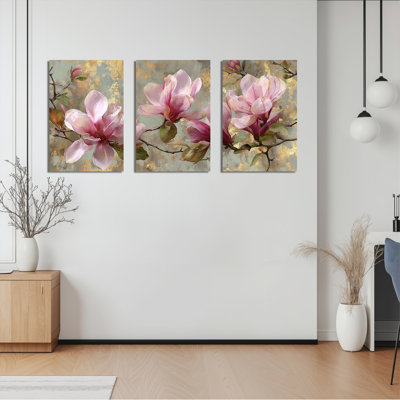 Ensemble de 3 reproductions de peinture à l'huile sur toile tendue à motif floral rose Magnolia