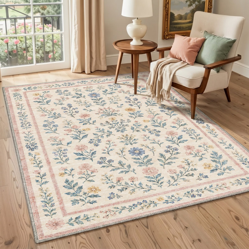 Tapis floral ivoire / bleu lavable à la machine avec envers antidérapant, Rectangle 108 po x 72 po