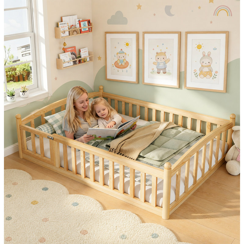 Structure de lit simple avec barrière de sécurité et porte Montessori