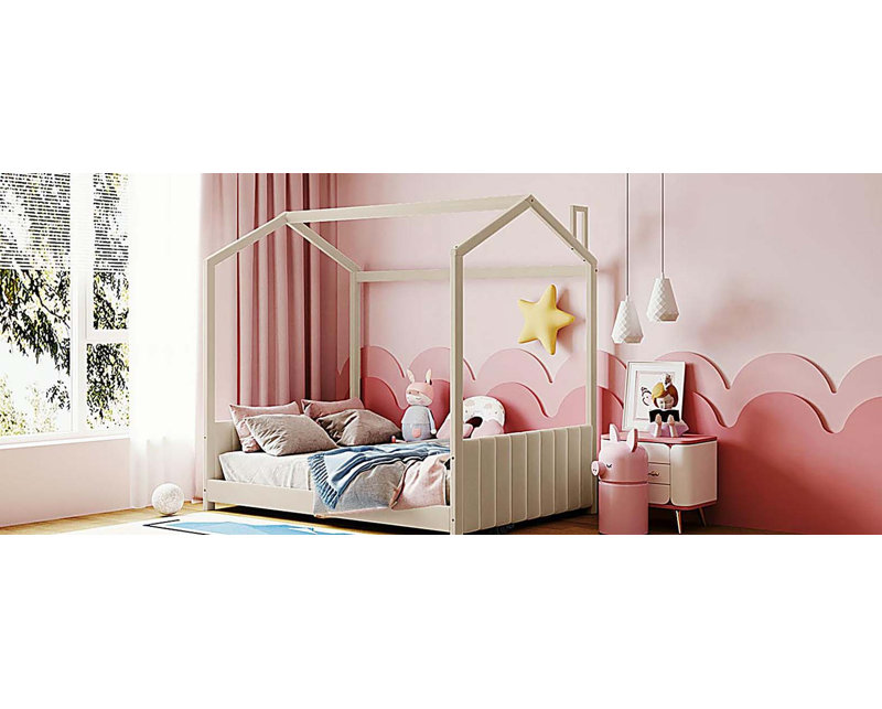Lit en bois pour lit double en velours, beige, Beige, Lit double