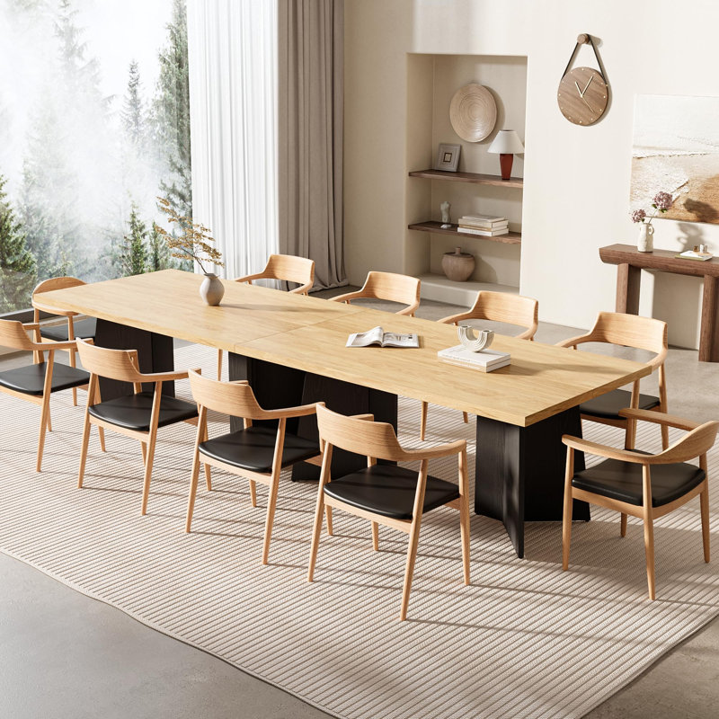 63" Modern Long Dining Table with Large Tabletop & Heavy Duty Pedestal Legs for 6-8 People, Natural Wood