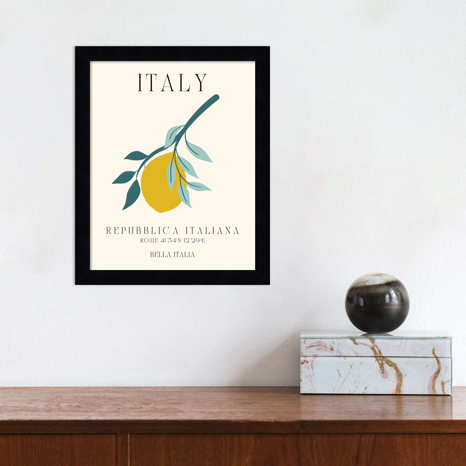 Italy Travel Poster Bella Italia by Chayan Lewis, 11" W x 13" H x 1" D, Black Framed