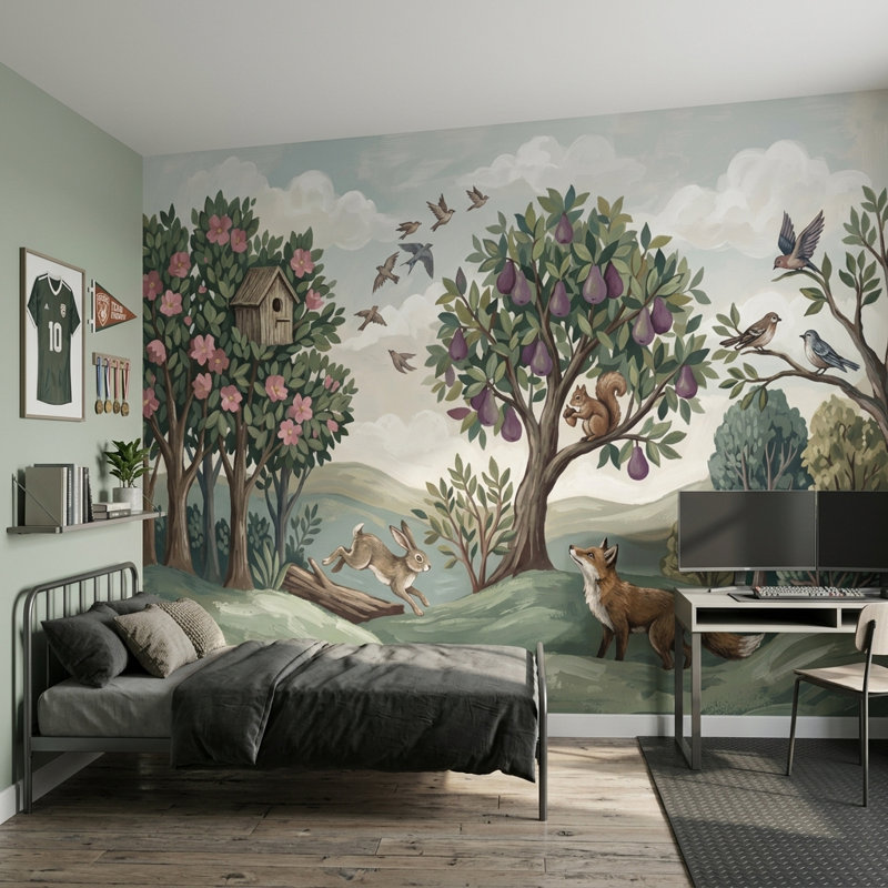 Illustration de papier peint paysage de forêt Woodland, Texturé non collé, 100 po x 96 po