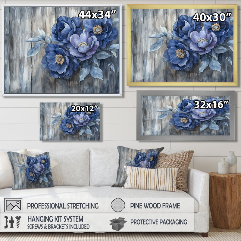 Pivoines bleues par la clôture de la ferme - art mural pivoines pour le salon, H 30 po x l 40 po, Noir