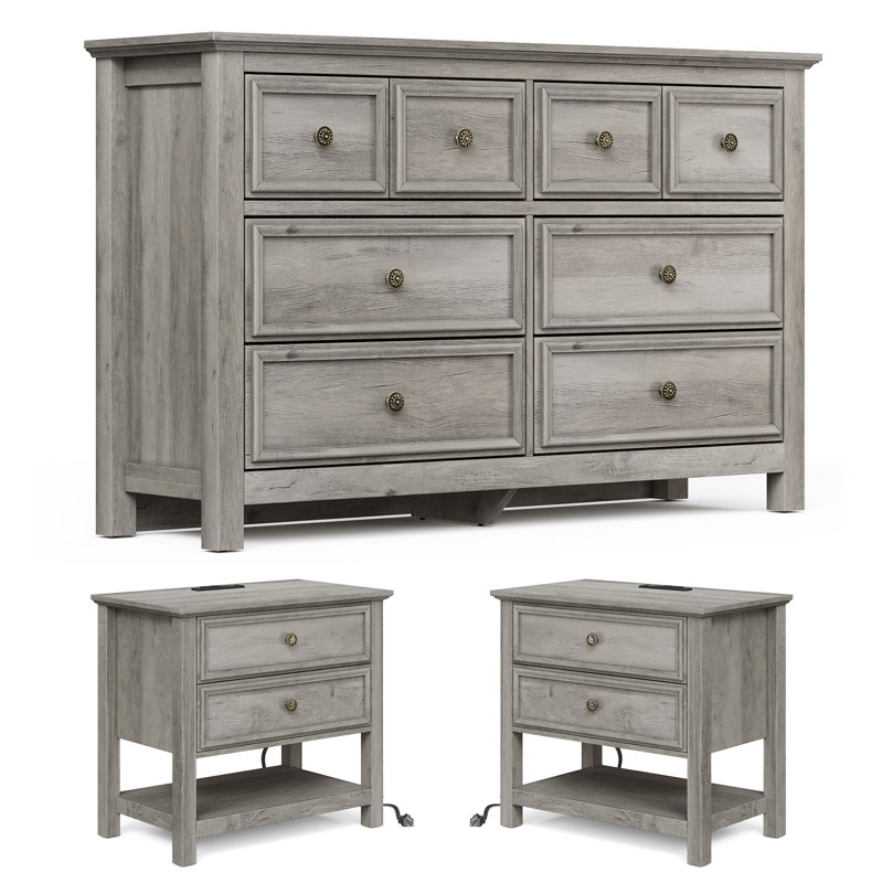 3 Piece Bedroom Dresser Set - 8 Drawer Dresser And Two 26.7''w 2-drawer Nightstand With Charging Station And Open Shelf,gray Wash